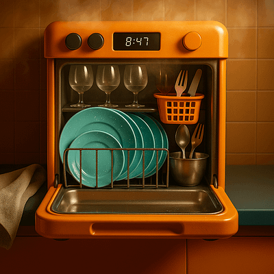 Clean Dishes at Last 3d 3d illustration cozy kitchen daily life digital art dishwasher kitchen appliance repair dishwasher repairing dishwasher