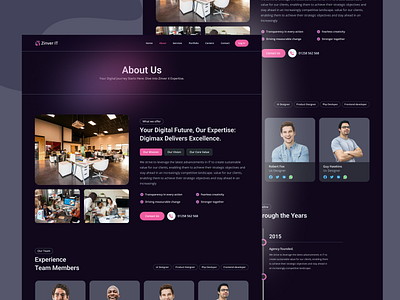 Agency About Us Page 3d about us page animation branding dark theme design digital agency graphic design illustration logo motion graphics professional website responsive web design ui user interface vector web design