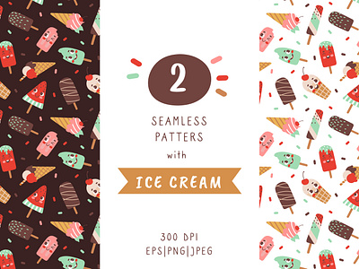 Ice cream pattern set cartoon character childish cute design digital food funny ice cream illustration pattern seamless summer vector