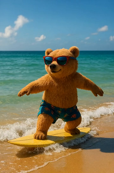 AI Bear Takes Surfing to the Next Level 3d illustration ai art animation beach vibes canva character design cute characters fun playful leonardo ai photoshop social media content summer vibes surfing bear