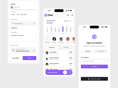 Cleo Pay – Mobile Payment App Design banking app clean ui digital wallet finance finance app fintech minimal design mobile app mobile banking payment app ui design ux design