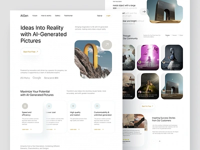 AIGen - AI-Generated Pict Landing Page ai generator artificial intellegence clean design concept design figma future generated pictures homepage landing page minimalism modern rounded design simple design ui user interface word to pict