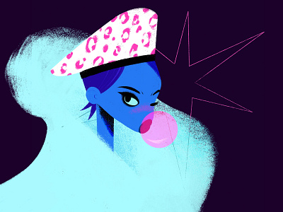 Leopard berret blue bubble gum cartoon character cyan digital fashion girl illustration star style