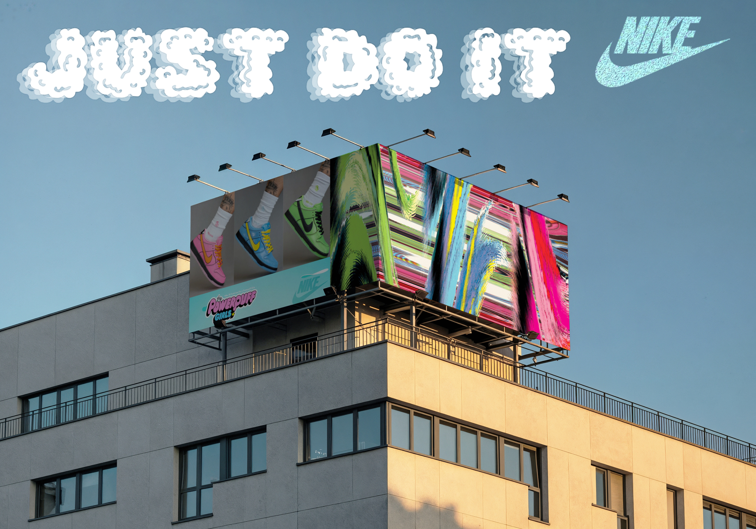 PowerPuff Dunks Store/Ad Campaign abstract art adobe advertisement art billboard branding collaboration design digital art distortion dunks for hire graphic design nike photoshop powerpuff powerpuff girls sneakers store signage