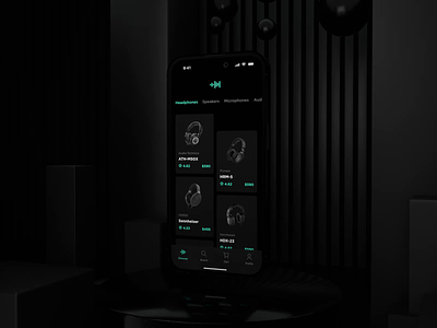Soundcheck Audio Equipment Shop App 3d animation audio black blender dark ecommerce equipment headphones ios iphone microphones minimalistic mobile app render seamless shop smooth sound transition