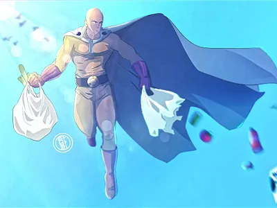 ONE PUNCH MAN - Saitama's Grocery Run (illustration) anime art awesome cool fail fan art flying grocery shopping hero humor manga mtl graphics mtlgraphics one punch man saitama superhero art superheroes toonami 타바리