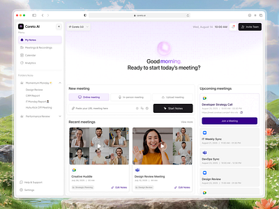 Coreto.AI - AI Note Taking Dashboard ai meeting ai summary assistant clean dashboard dashboard design figma meeting ai meeting note meeting notes dashboard modern note note ai note taker product design productivity productivity dashboard task ui virtual assistant