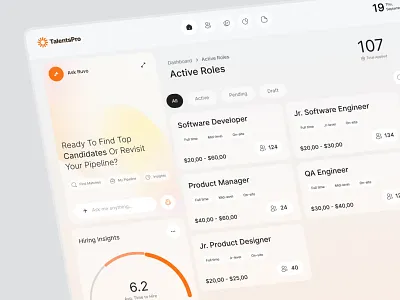 AI Recruitment Dashboard – Active Roles View UI active roles dashboard ai hiring platform ai job matching ai recruitment dashboard applicant tracking system ats dashboard ui candidate pipeline dashboard hiring management ui hiring process automation hr analytics dashboard hr platform design hr saas design hr software ui job application tracker job management system job portal dashboard modern dashboard ui recruiting web app smart hiring platform talent acquisition dashboard