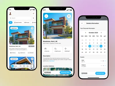 Real Estate Mobile App Design android app designer app design booking filter home screen hotel listing app location tracker mobile app product designer property real estate app saas ui design ui kit villa