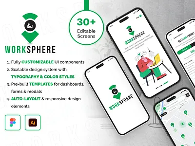 WorkSphere – 30+ Editable Mobile UI Screens figma design mobile app design ui kit uxui