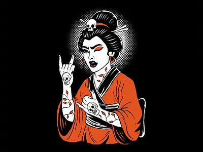 Rockin Geisha branding character colors design funny graphic illustration music rock shirt trend vector