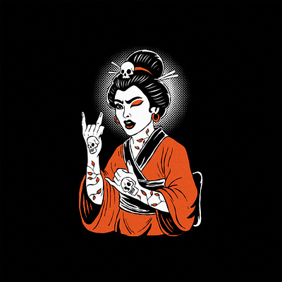 Rockin Geisha branding character colors design funny graphic illustration music rock shirt trend vector