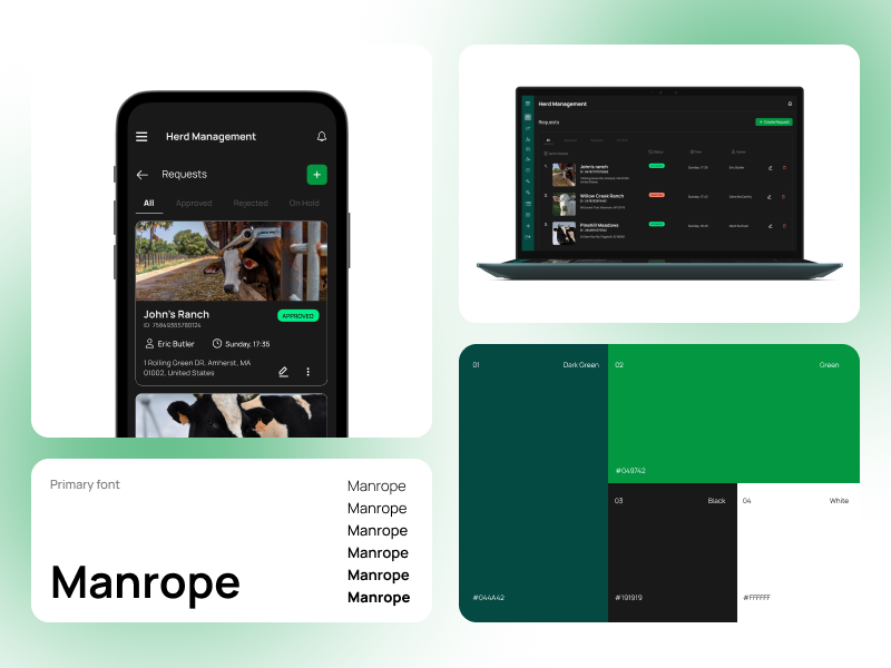Cattle Herd Management App agriculture tech agritech innovation cattle management clean ui cow dark mode dashboard data visualization green herd management iot iot solutions mobile app modern ui product design smart farming ui ui design ux