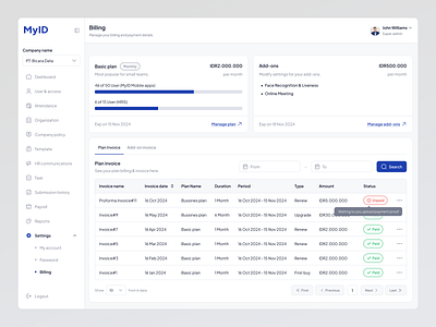 HR Management MyID – Billing Management add on admin panel billing management billing page design employee employee management hr management hris human resources invoice saas subscription ui uidesign uiux ux uxdesign webdesign website
