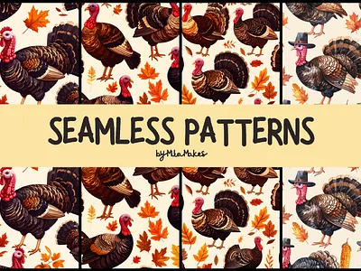 Thanksgiving Turkey and Autumn Leaves Seamless Pattern 3d animation graphic design ui
