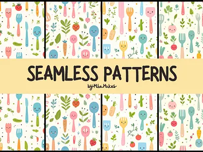Cute Kitchen Utensils and Veggies Seamless Pattern 3d animation graphic design motion graphics