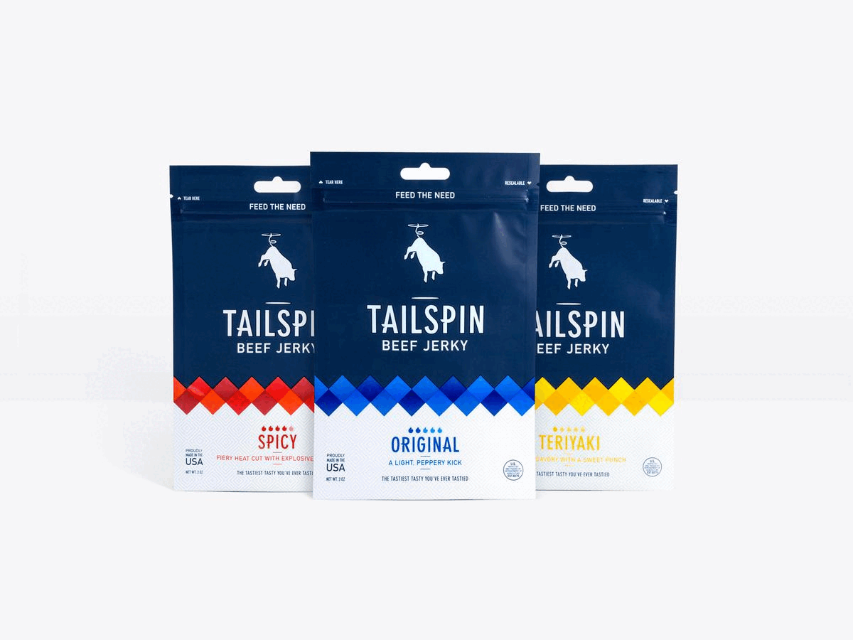 Tailspin Jerky animal beef branding bull chevron cow fire flame identity jerky logo meat packaging spicy tailspin teriyaki