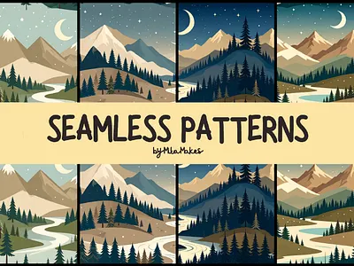 Mystic Mountain Landscape Night Seamless Pattern 3d animation graphic design ui