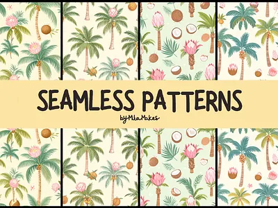 Tropical Palm Coconuts and Protea Seamless Pattern 3d animation