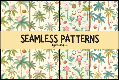 Tropical Palm Coconuts and Protea Seamless Pattern 3d animation