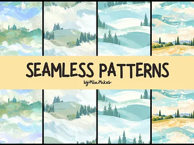 Pastel Painted Countryside Landscape Seamless Patterns 3d animation ui