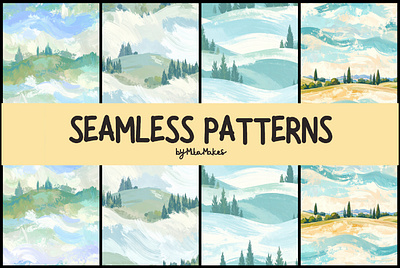 Pastel Painted Countryside Landscape Seamless Patterns 3d animation ui