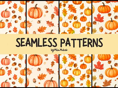 Watercolor Pumpkin and Autumn Leaves Seamless Patterns 3d animation ui
