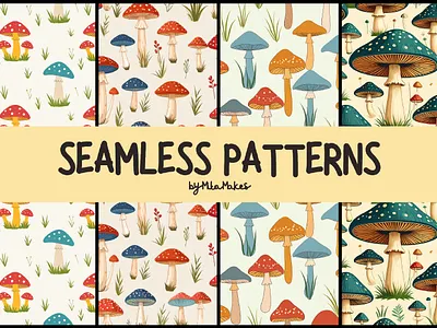 Whimsical Watercolor Toadstool and Mushroom Patterns 3d animation graphic design motion graphics