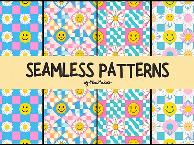 Retro Smiley Face and Daisies Checker Patterns 3d animation graphic design