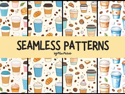 Cute Coffee Cups and Pastries Seamless Patterns 3d animation graphic design