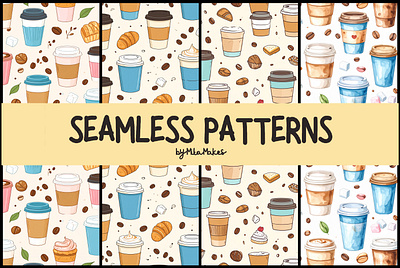 Cute Coffee Cups and Pastries Seamless Patterns 3d animation graphic design