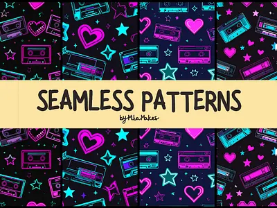 Neon Retro Cassette Tapes and Stars Patterns 3d animation graphic design