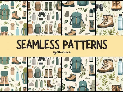 Camping Adventure Hiking Gear Seamless Patterns 3d animation graphic design motion graphics