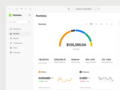 Coinstax: Crypto Portfolio v2 clean clean dashboard crypto dashboard crypto investment crypto market crypto portfolio crypto portfolio tracker crypto ui crypto web app cryptocurrency portfolio dashboard design figma popular design ui ui design ux web app web3 app web3 dashboard