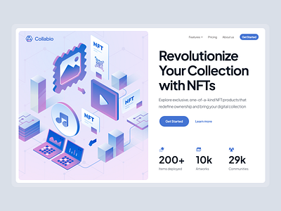 Collabio —NFT Platform for Hero Section art blockchain crypto design digital gradient hero homepage illustration isometric marketplace minimal modern nft token ui ux wallet web3 website