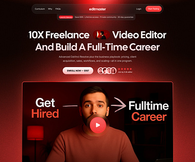 Hero section design for Video Course website course framer framer website funnel design hero hero section red red theme red website video video course