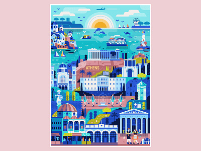 Greece Travel Poster art athens cityscape cruise greece holidays illustration landmarks mideterranean poster print scene sea skyline summer tourist travel vacation vector