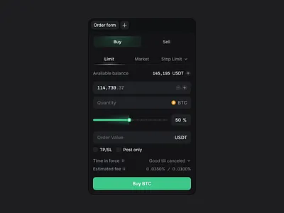 Crypto Order Form btc buy crypto dark dex exchange form glow order sell slider spot