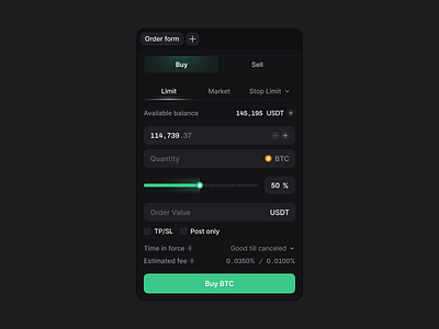 Crypto Order Form btc buy crypto dark dex exchange form glow order sell slider spot