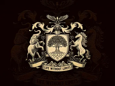 Family Coat of Arms aquarius arrow coat of arms crest custom eagle elephant engraving etching family graphic design hand drawn heraldic heraldry illustration key line art logo shield unicorn