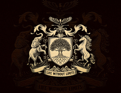 Family Coat of Arms aquarius arrow coat of arms crest custom eagle elephant engraving etching family graphic design hand drawn heraldic heraldry illustration key line art logo shield unicorn