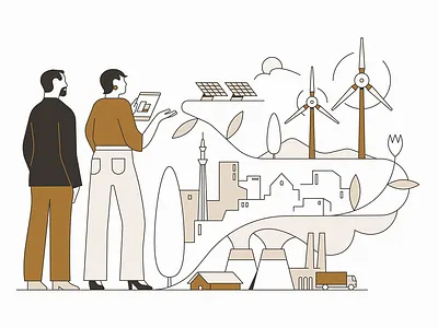 Sustainable energy. Forbes Japan branding character city editorial flowers illustration solar panels sustainability sustainable energy wind mill