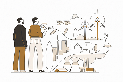 Sustainable energy. Forbes Japan branding character city editorial flowers illustration solar panels sustainability sustainable energy wind mill