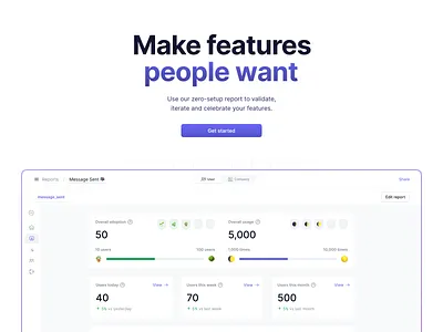 Feature Report 🌱 badges branding cards celebrate chart clean compare design emojis feature gradient grid hero landing launch page report ui ux validate