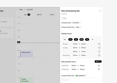 New scheduling link - web app design. app appointment availability booking calendar dasboard management platform saas schedule services ui ux webapp