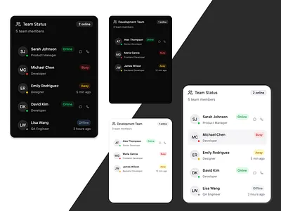 Smart Team Status Widget clean ui collaboration tool dark mode dashboard widget figma minimal ui modern ui productivity app sleek ui status indicator team team management team status team tracker user offline status user status workplace dashboard