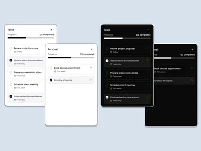 📋 Task Manager – Light & Dark Mode UI check ui list clean ui dark mode dashboard figma light mode modern dashboard modern ui productivity app productivity tool progress tracker project management task manager task tracker task widget todo list web widget widget work managerment