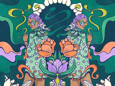 Wild 70s colorful female portrait flowers green groovy art illustration jungle maximalism procreate psychedelic retro truegrittexturesupply vintage illustration women