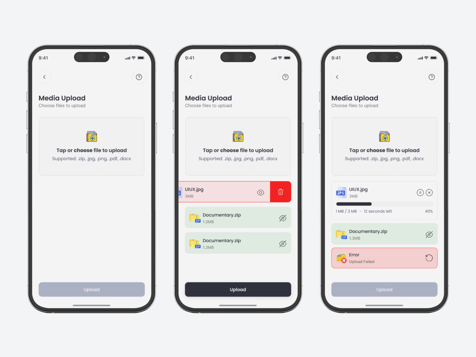 Media Upload UI – Mobile App appdesign cleanui fileupload mediaupload minimaldesign ui uidesign uploadui ux