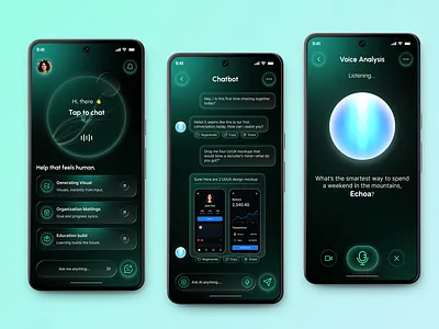 "Echoa – Futuristic AI Chat Experience" ai assistant ai chatbot app design 2025 chatbot design clean ui concept app echoa glowing ui gradient design minimal ui mobile app concept mobile app ui modern interface neon ui next gen design ui inspiration ux design